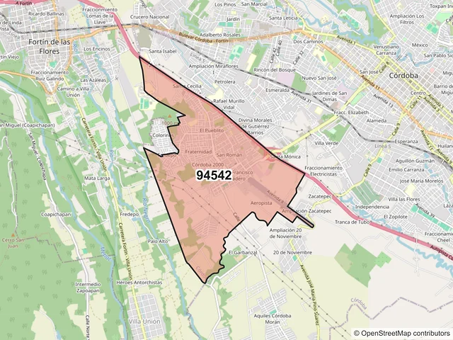 Mapa del código postal 94542, Córdoba, Veracruz de Ignacio de la Llave