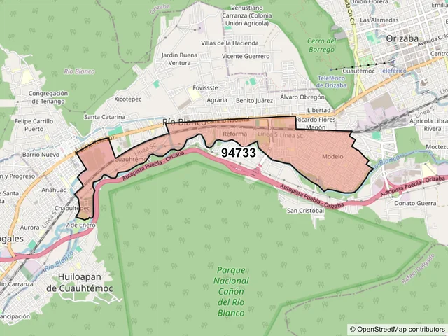 Mapa del código postal 94733, Río Blanco, Veracruz de Ignacio de la Llave