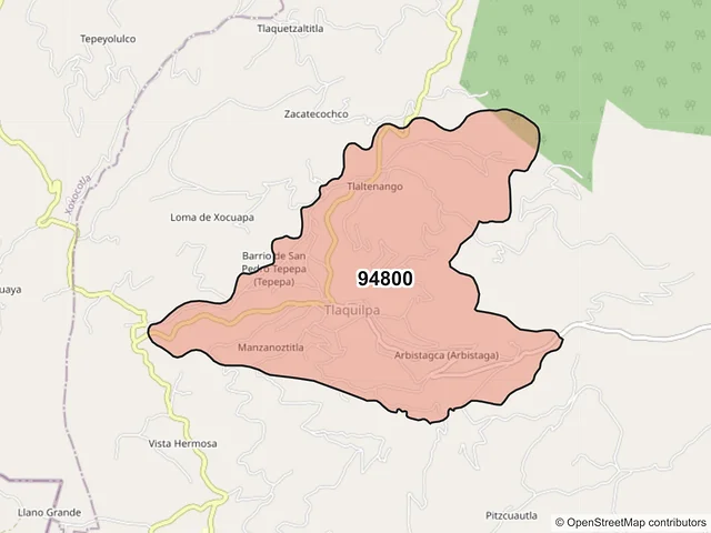Mapa del código postal 94800, Tlaquilpa, Veracruz de Ignacio de la Llave
