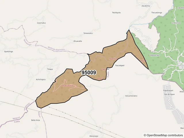 Mapa del código postal 95009, Zongolica, Veracruz de Ignacio de la Llave