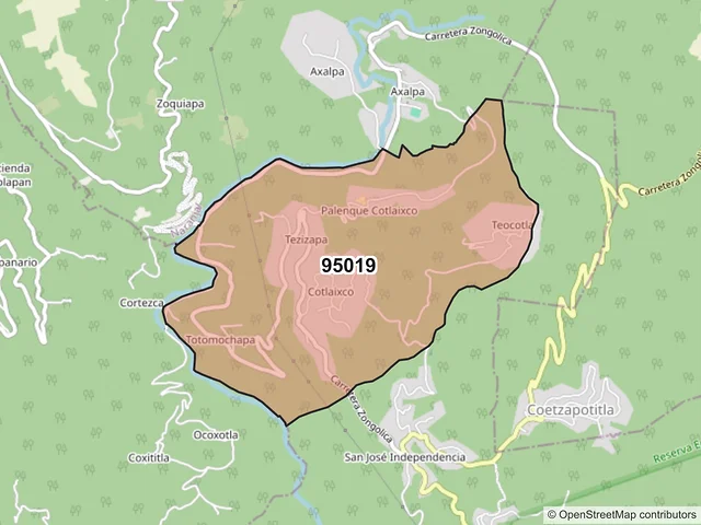 Mapa del código postal 95019, Zongolica, Veracruz de Ignacio de la Llave