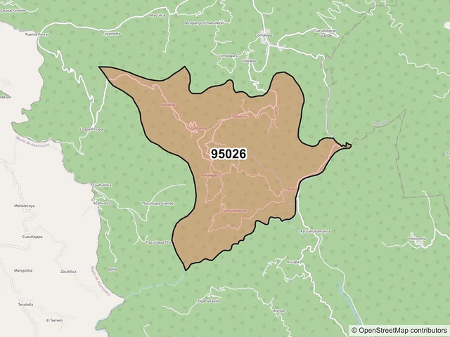 Mapa del código postal 95026, Zongolica, Veracruz de Ignacio de la Llave