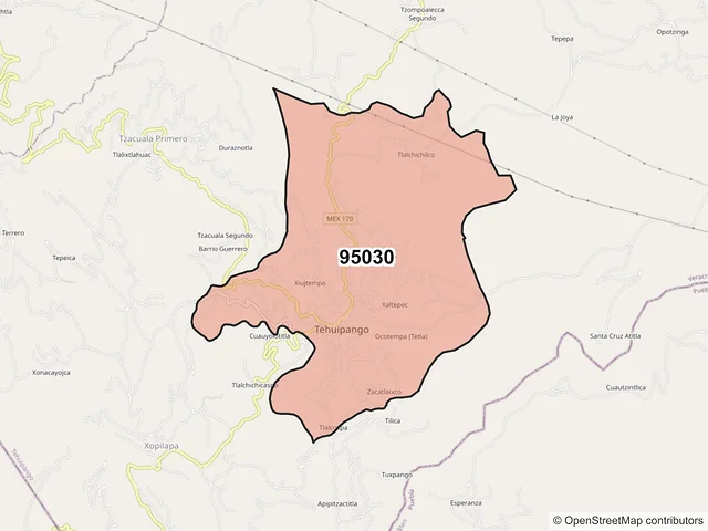 Mapa del código postal 95030, Tehuipango, Veracruz de Ignacio de la Llave