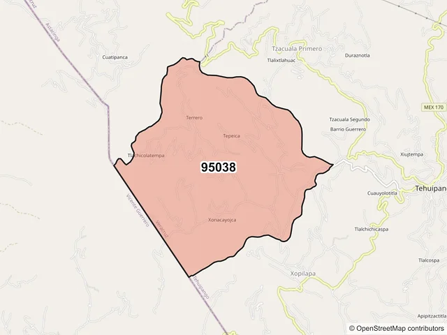 Mapa del código postal 95038, Tehuipango, Veracruz de Ignacio de la Llave