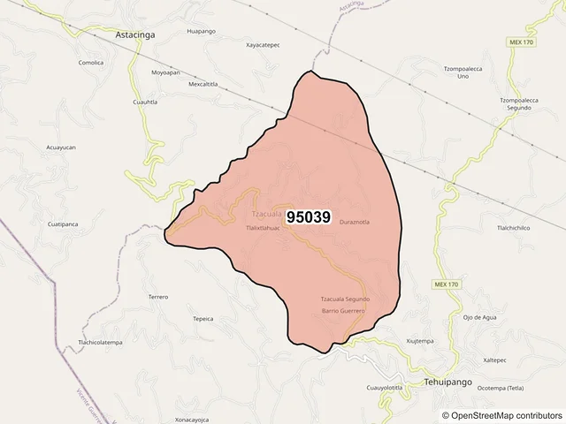 Mapa del código postal 95039, Tehuipango, Veracruz de Ignacio de la Llave