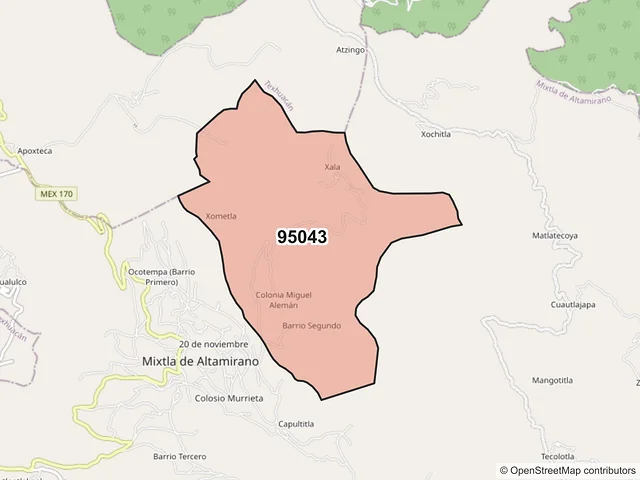 Mapa del código postal 95043, Mixtla de Altamirano, Veracruz de Ignacio de la Llave