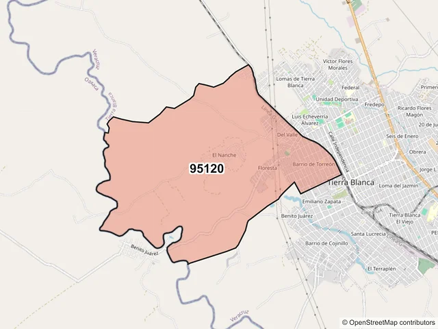 Mapa del código postal 95120, Tierra Blanca, Veracruz de Ignacio de la Llave