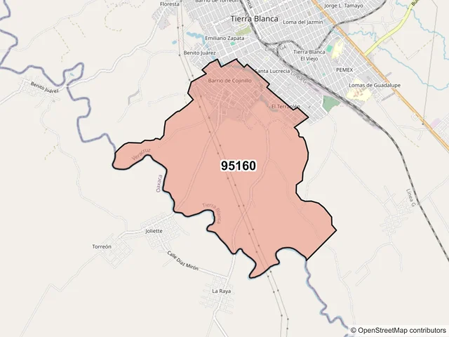 Mapa del código postal 95160, Tierra Blanca, Veracruz de Ignacio de la Llave
