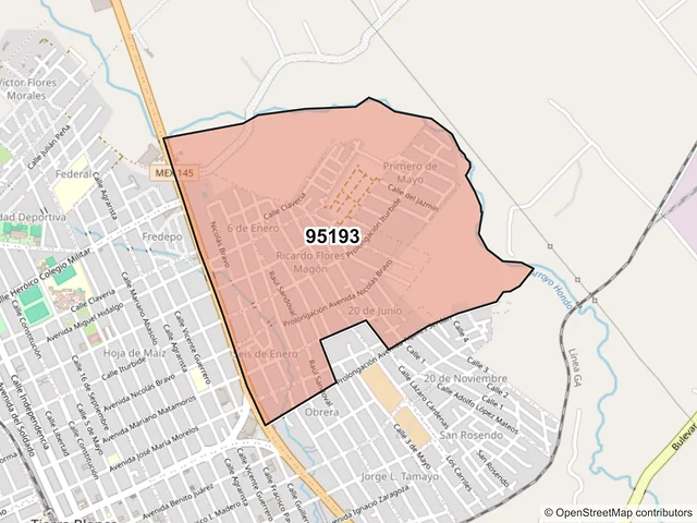 Mapa del código postal 95193, Tierra Blanca, Veracruz de Ignacio de la Llave