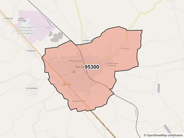 Mapa del código postal 95300, Tres Valles, Veracruz de Ignacio de la Llave