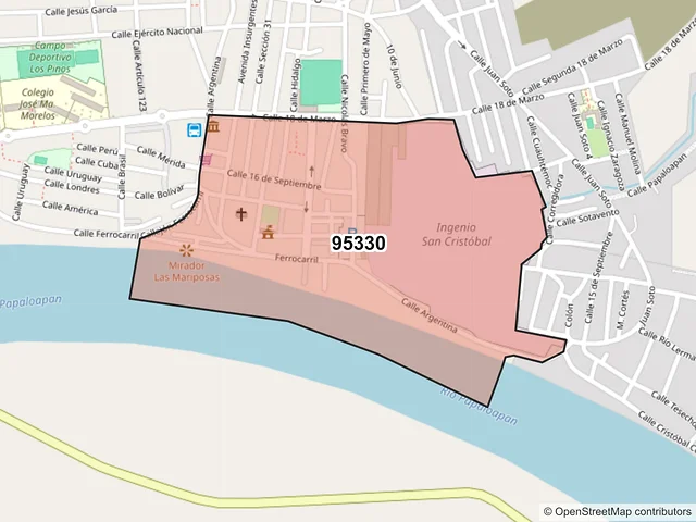 Mapa del código postal 95330, Carlos A. Carrillo, Veracruz de Ignacio de la Llave