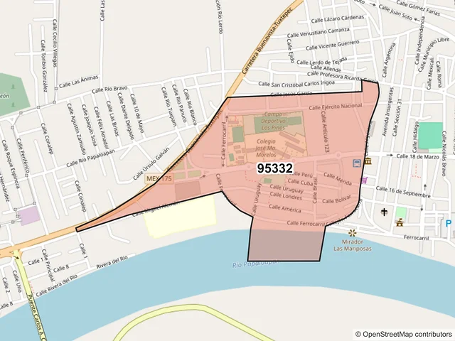 Mapa del código postal 95332, Carlos A. Carrillo, Veracruz de Ignacio de la Llave