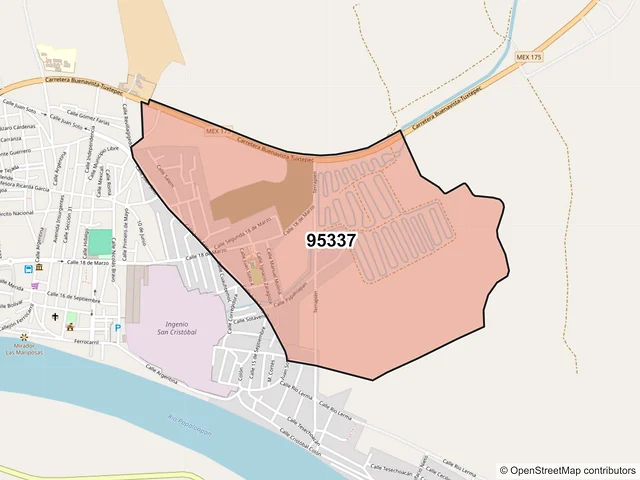 Mapa del código postal 95337, Carlos A. Carrillo, Veracruz de Ignacio de la Llave