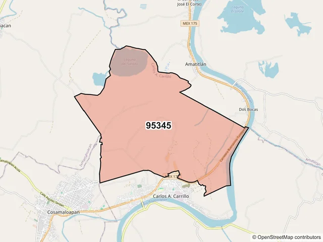 Mapa del código postal 95345, Carlos A. Carrillo, Veracruz de Ignacio de la Llave