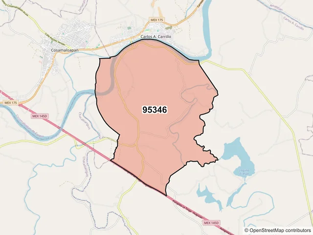 Mapa del código postal 95346, Carlos A. Carrillo, Veracruz de Ignacio de la Llave