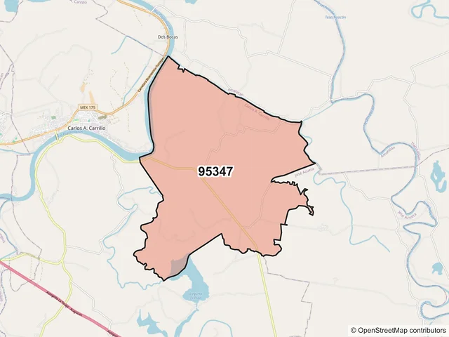 Mapa del código postal 95347, Carlos A. Carrillo, Veracruz de Ignacio de la Llave