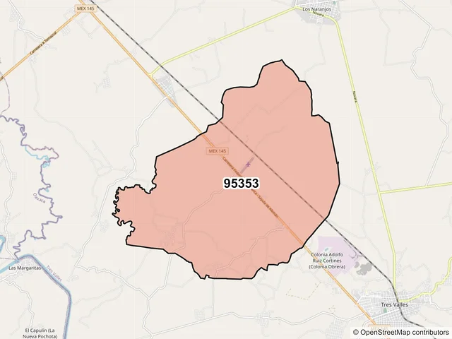 Mapa del código postal 95353, Tres Valles, Veracruz de Ignacio de la Llave