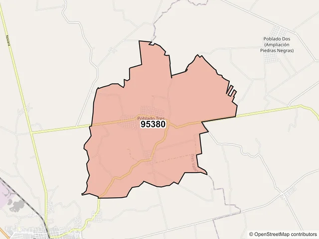 Mapa del código postal 95380, Tres Valles, Veracruz de Ignacio de la Llave