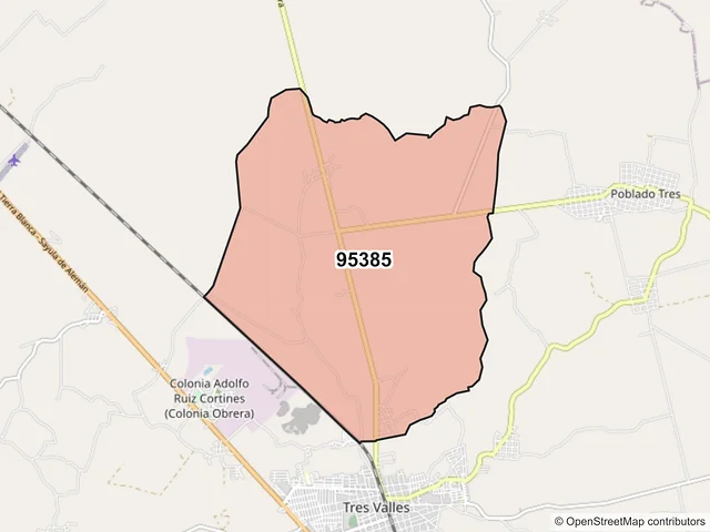 Mapa del código postal 95385, Tres Valles, Veracruz de Ignacio de la Llave