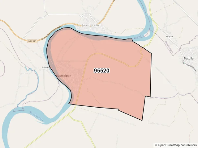 Mapa del código postal 95520, Tlacojalpan, Veracruz de Ignacio de la Llave