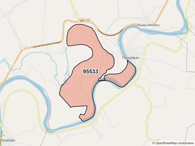 Mapa del código postal 95533, Tlacojalpan, Veracruz de Ignacio de la Llave