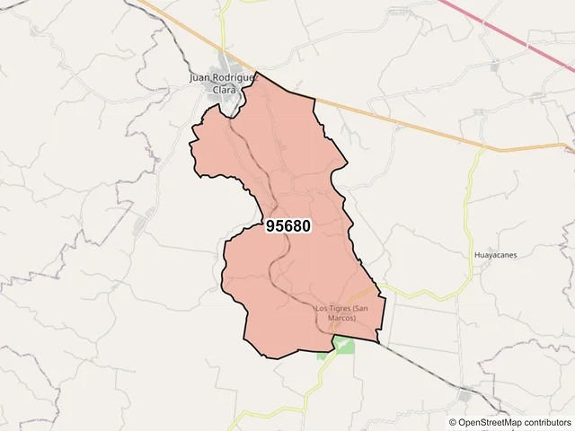 Mapa del código postal 95680, Juan Rodríguez Clara, Veracruz de Ignacio de la Llave