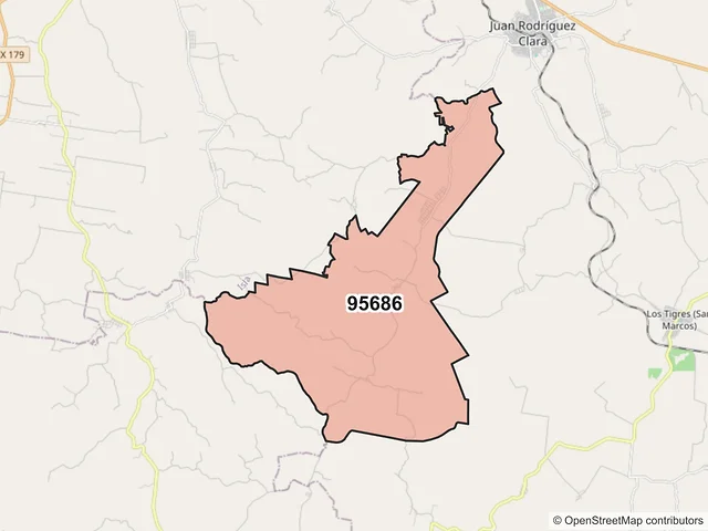 Mapa del código postal 95686, Juan Rodríguez Clara, Veracruz de Ignacio de la Llave