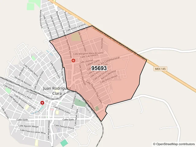 Mapa del código postal 95693, Juan Rodríguez Clara, Veracruz de Ignacio de la Llave