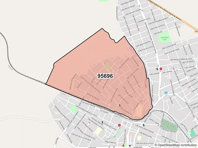 Mapa del código postal 95696, Juan Rodríguez Clara, Veracruz de Ignacio de la Llave