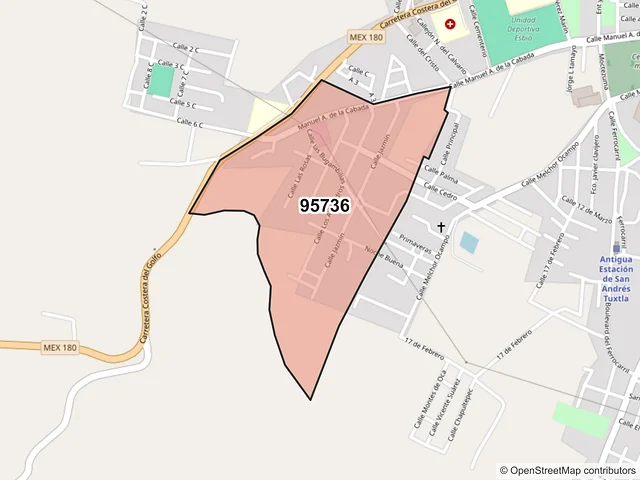 Mapa del código postal 95736, San Andrés Tuxtla, Veracruz de Ignacio de la Llave