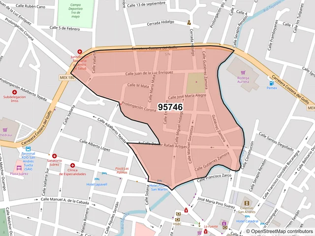 Mapa del código postal 95746, San Andrés Tuxtla, Veracruz de Ignacio de la Llave