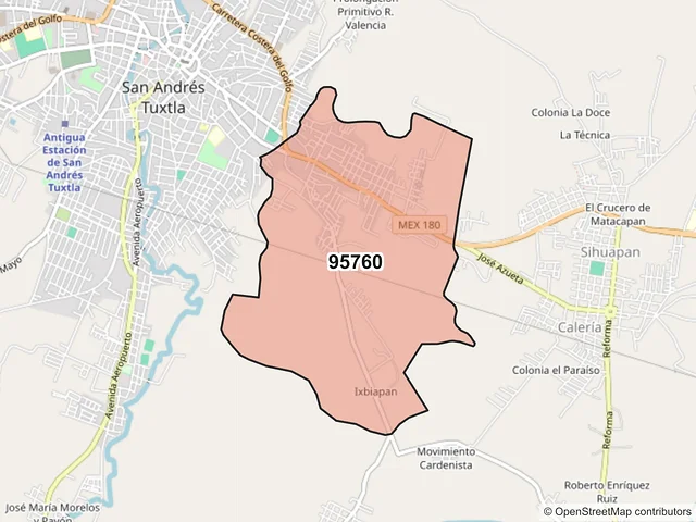 Mapa del código postal 95760, San Andrés Tuxtla, Veracruz de Ignacio de la Llave