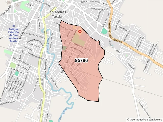 Mapa del código postal 95786, San Andrés Tuxtla, Veracruz de Ignacio de la Llave