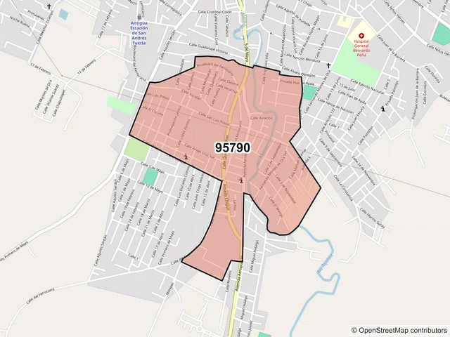 Mapa del código postal 95790, San Andrés Tuxtla, Veracruz de Ignacio de la Llave