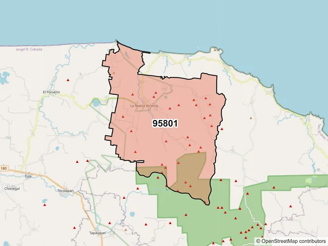 Mapa del código postal 95801, San Andrés Tuxtla, Veracruz de Ignacio de la Llave