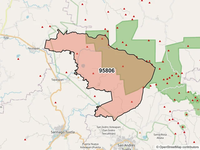 Mapa del código postal 95806, San Andrés Tuxtla, Veracruz de Ignacio de la Llave