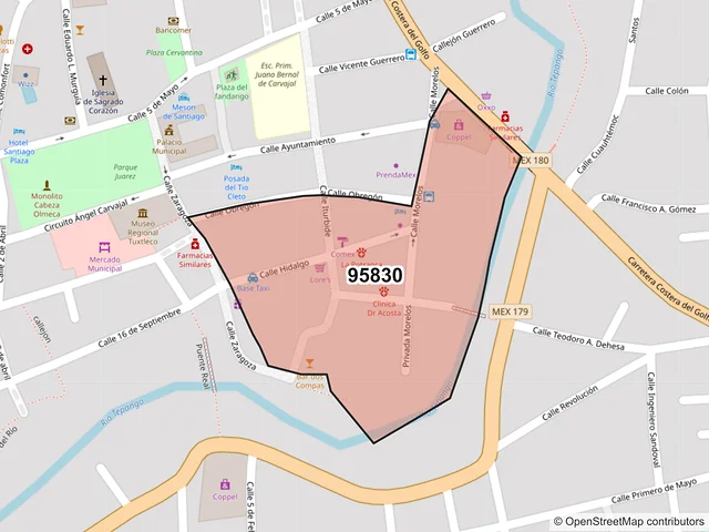 Mapa del código postal 95830, Santiago Tuxtla, Veracruz de Ignacio de la Llave