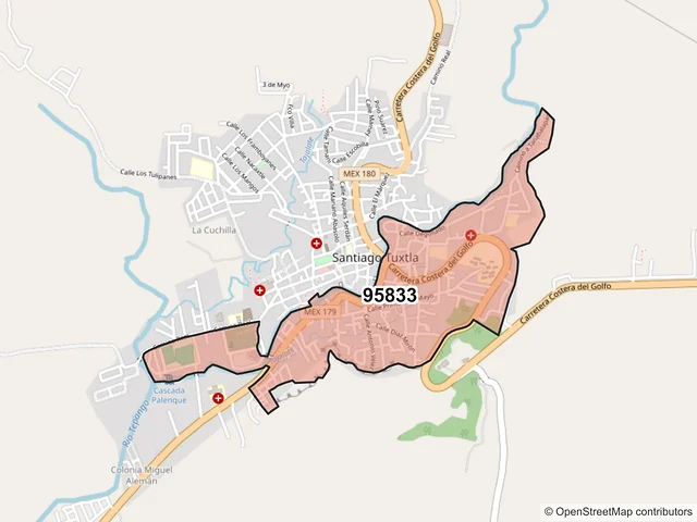 Mapa del código postal 95833, Santiago Tuxtla, Veracruz de Ignacio de la Llave