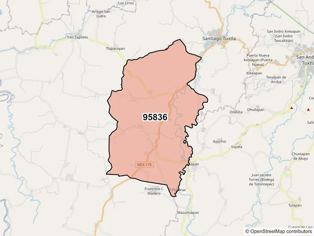 Mapa del código postal 95836, Santiago Tuxtla, Veracruz de Ignacio de la Llave