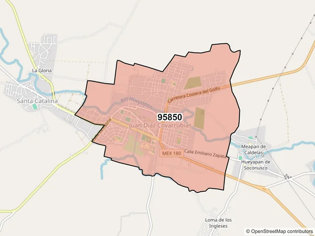Mapa del código postal 95850, Hueyapan de Ocampo, Veracruz de Ignacio de la Llave
