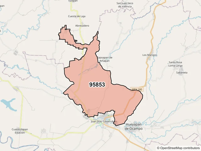 Mapa del código postal 95853, Hueyapan de Ocampo, Veracruz de Ignacio de la Llave