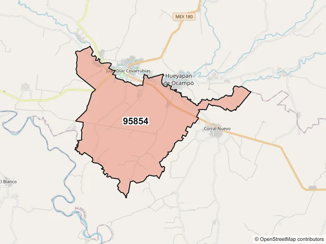 Mapa del código postal 95854, Hueyapan de Ocampo, Veracruz de Ignacio de la Llave