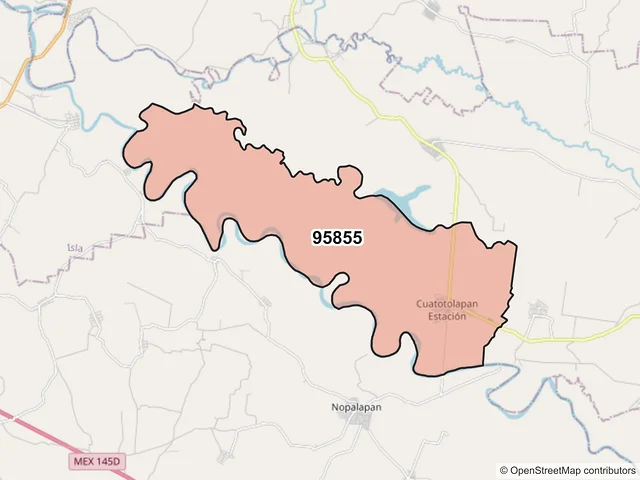 Mapa del código postal 95855, Hueyapan de Ocampo, Veracruz de Ignacio de la Llave