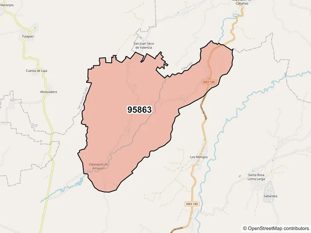Mapa del código postal 95863, Hueyapan de Ocampo, Veracruz de Ignacio de la Llave