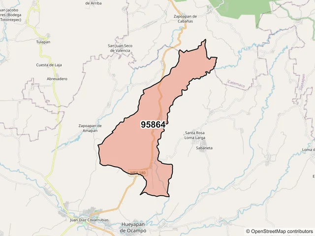 Mapa del código postal 95864, Hueyapan de Ocampo, Veracruz de Ignacio de la Llave