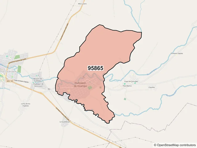Mapa del código postal 95865, Hueyapan de Ocampo, Veracruz de Ignacio de la Llave