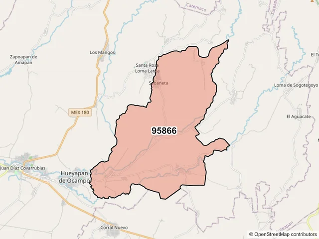 Mapa del código postal 95866, Hueyapan de Ocampo, Veracruz de Ignacio de la Llave