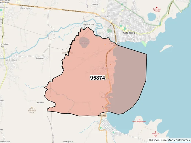 Mapa del código postal 95874, Catemaco, Veracruz de Ignacio de la Llave