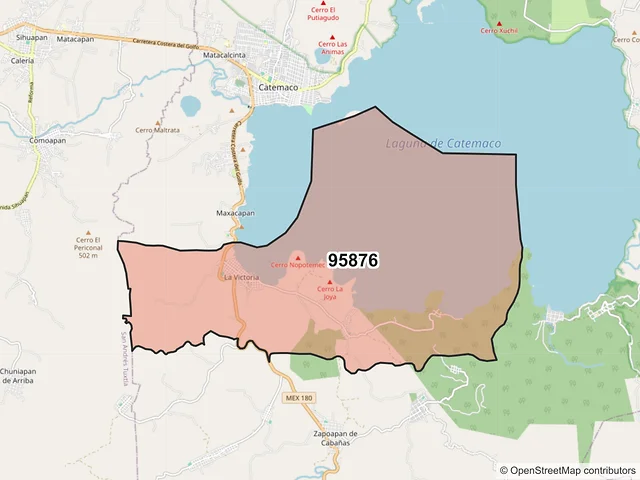 Mapa del código postal 95876, Catemaco, Veracruz de Ignacio de la Llave