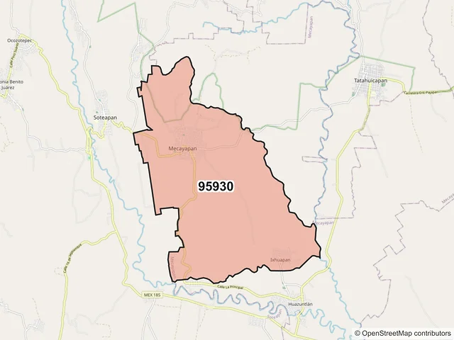 Mapa del código postal 95930, Mecayapan, Veracruz de Ignacio de la Llave